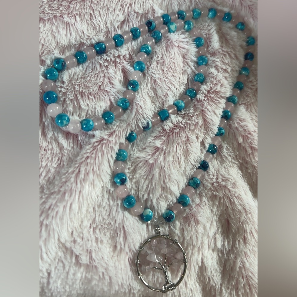 Candy Tree Necklace (Purple/ Blue Rain Flower Jade And Rose Quartz) - Picture 9 of 12